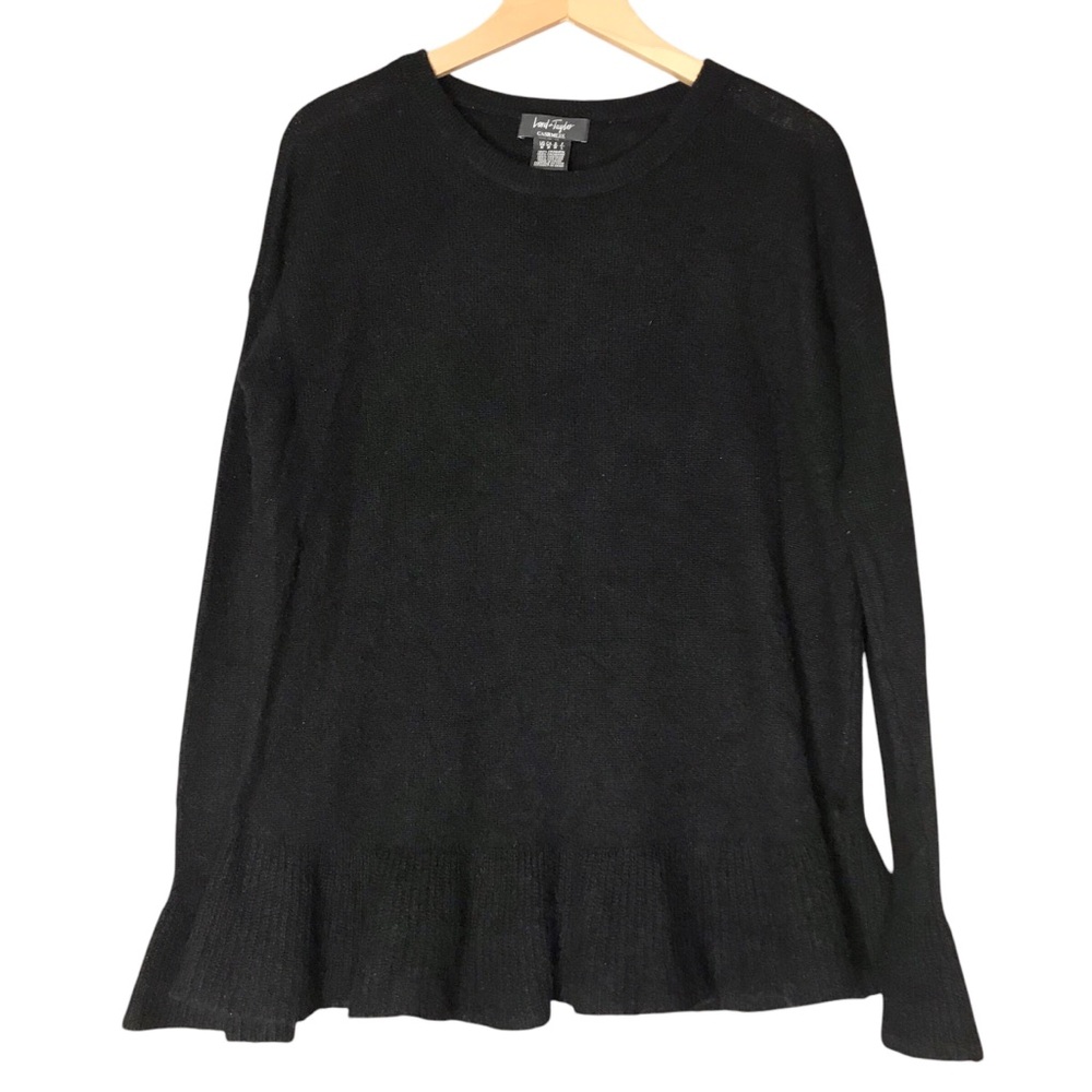 Medium Lord & Taylor Cashmere Ruffle Black Crew Neck Knit Luxury Sweater